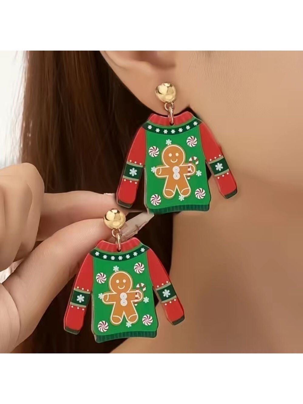 Christmas Sweater Design With Gingerbread Print Pierced Dangle Earrings